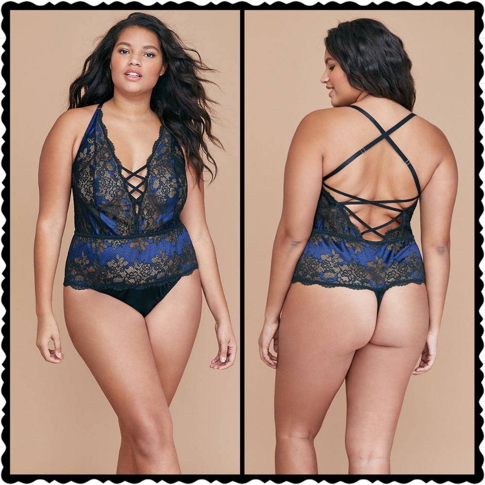 Cacique Blue and Black Lace Bodysuit